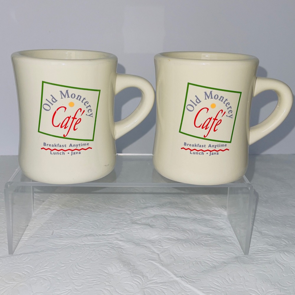 Old Monterey Café Coffee Mugs Set of 2 Heavy Diner Style Cream Ceramic Cups